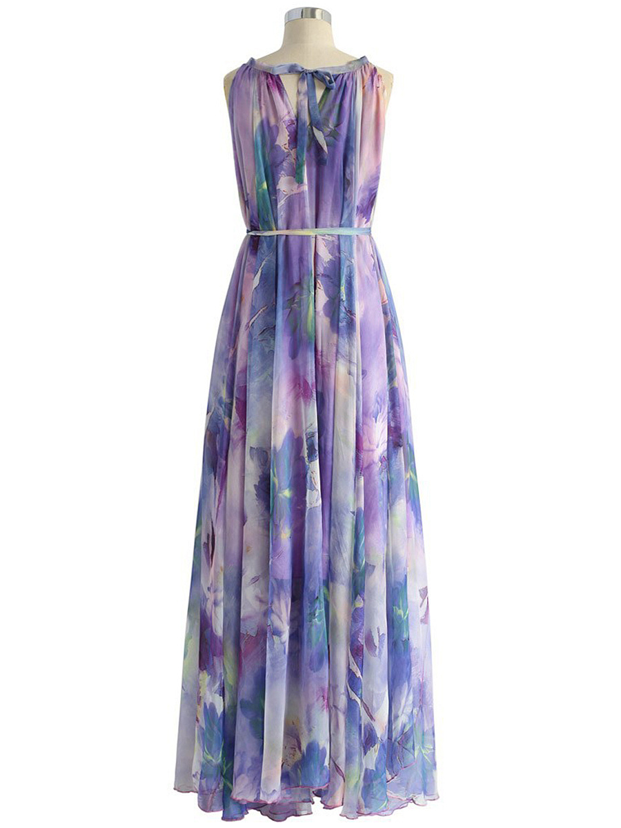 Crew Neck Belt Printed Maxi Dress