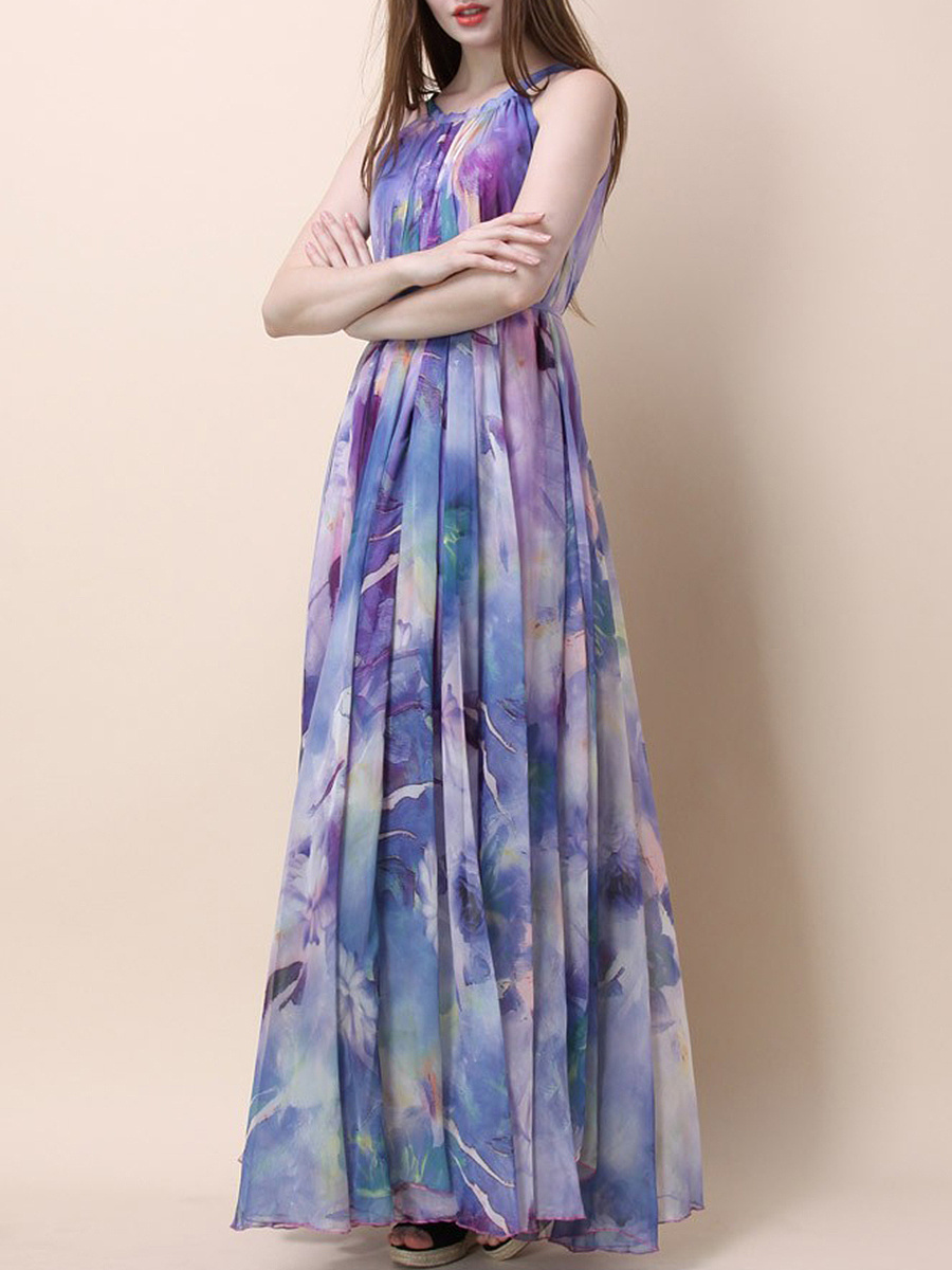 Crew Neck Belt Printed Maxi Dress