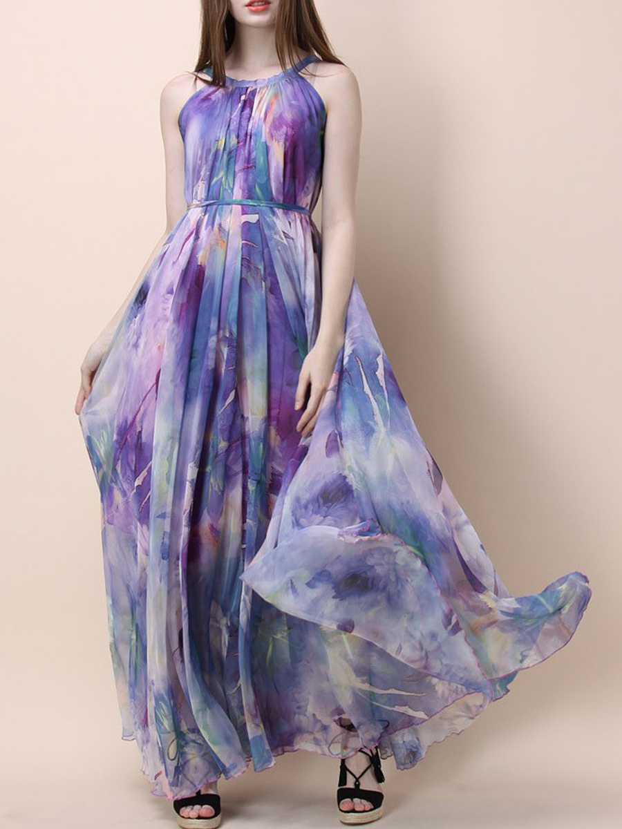 Crew Neck Belt Printed Maxi Dress
