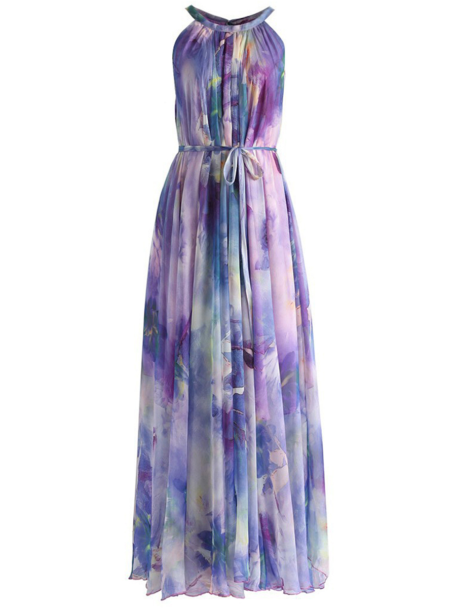 Crew Neck Belt Printed Maxi Dress