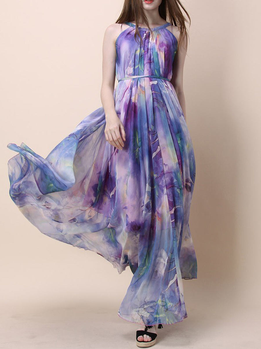 Crew Neck Belt Printed Maxi Dress