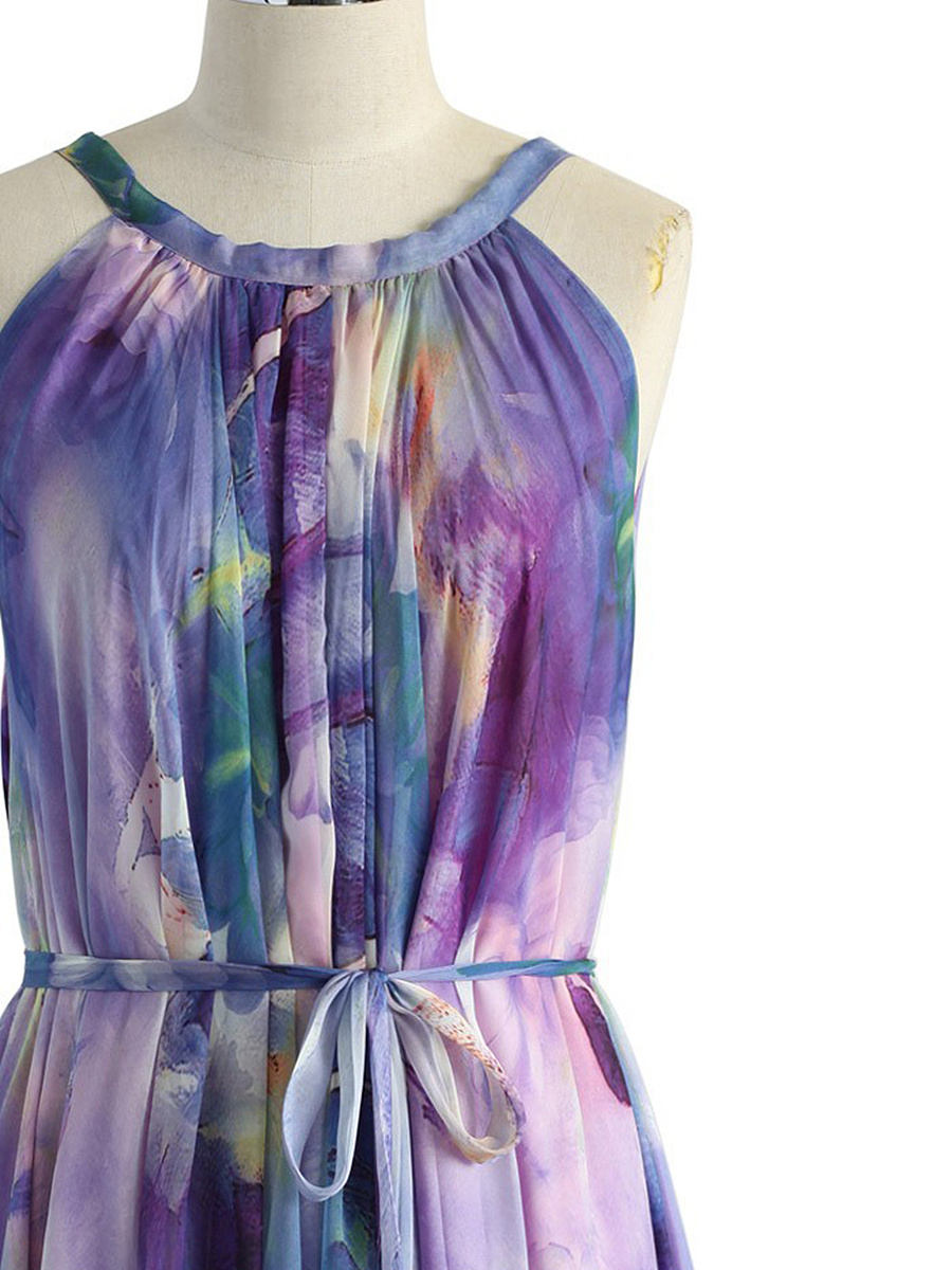 Crew Neck Belt Printed Maxi Dress