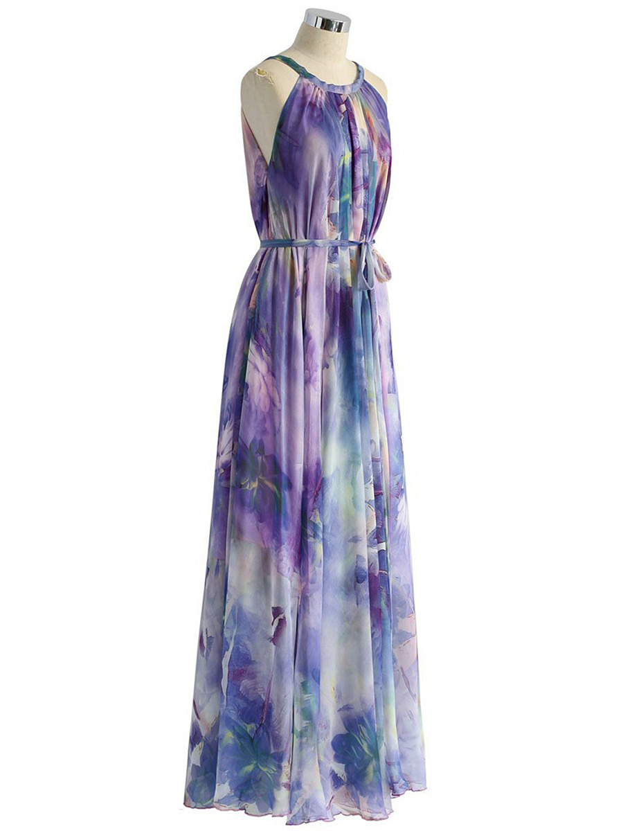Crew Neck Belt Printed Maxi Dress