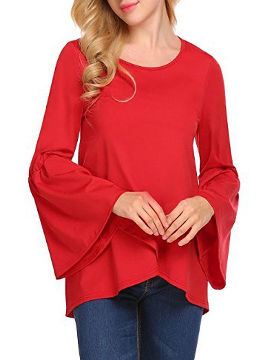Autumn Spring Cotton Women Round Neck Asymmetric Hem Plain Long Sleeve T-Shirts