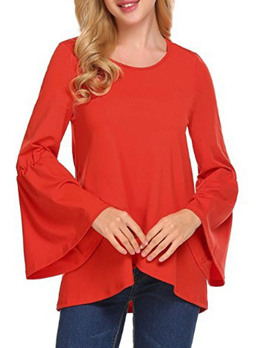 Autumn Spring Cotton Women Round Neck Asymmetric Hem Plain Long Sleeve T-Shirts