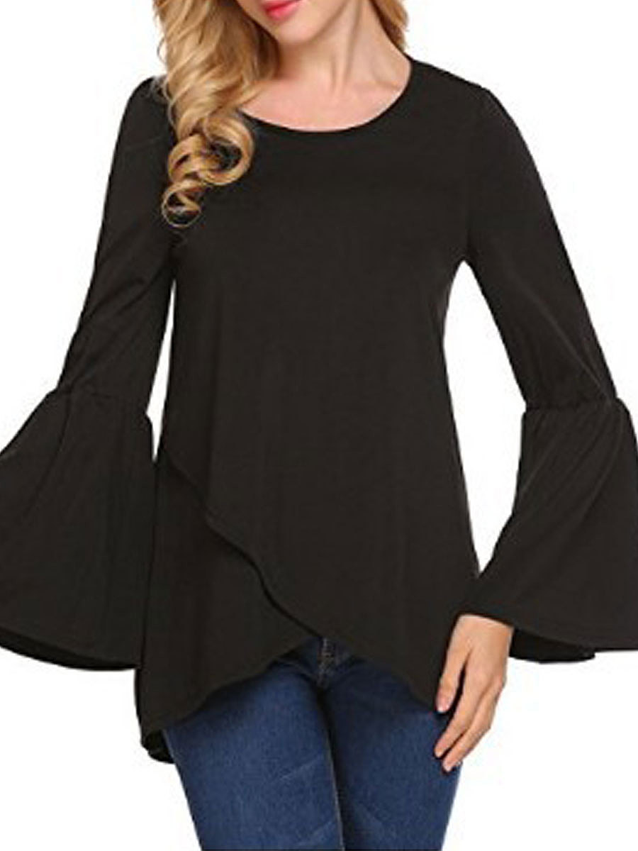 Autumn Spring Cotton Women Round Neck Asymmetric Hem Plain Long Sleeve T-Shirts