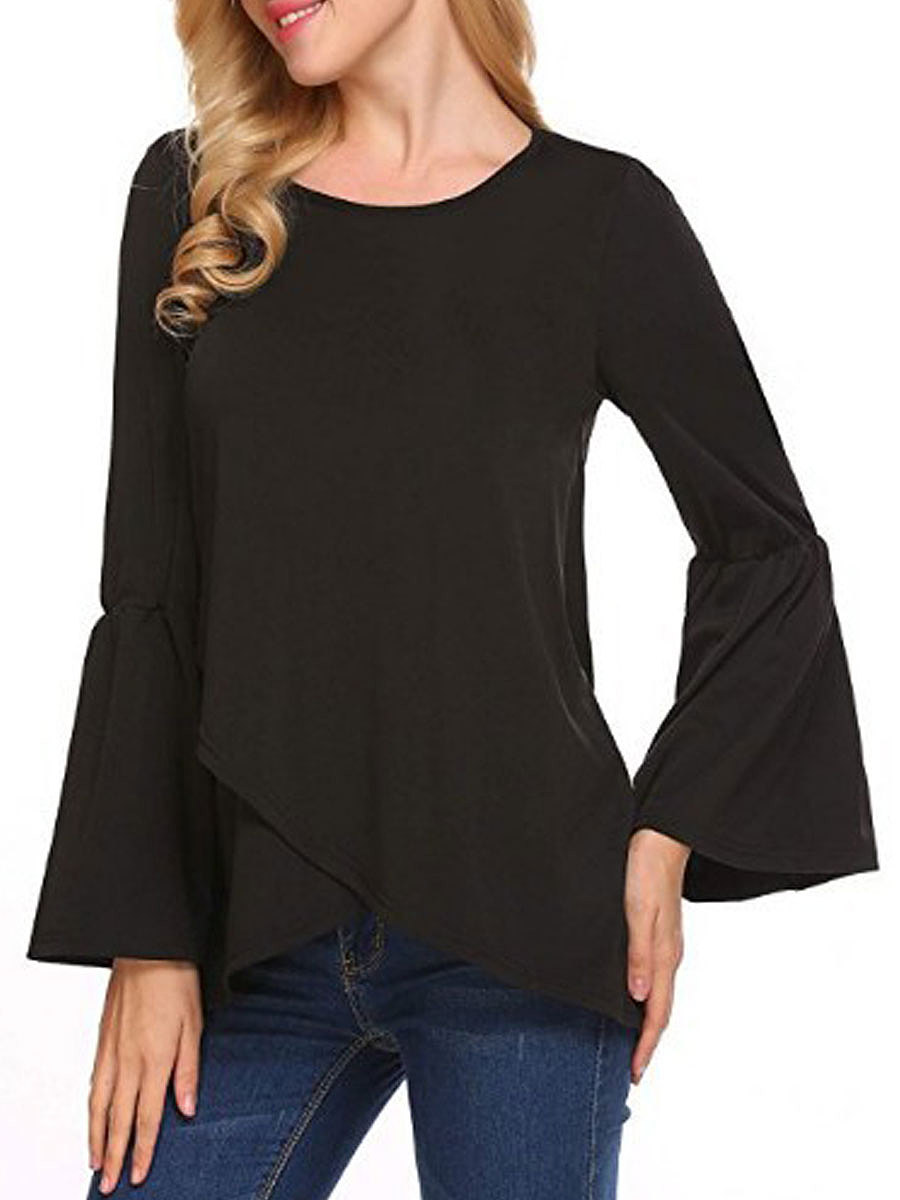 Autumn Spring Cotton Women Round Neck Asymmetric Hem Plain Long Sleeve T-Shirts