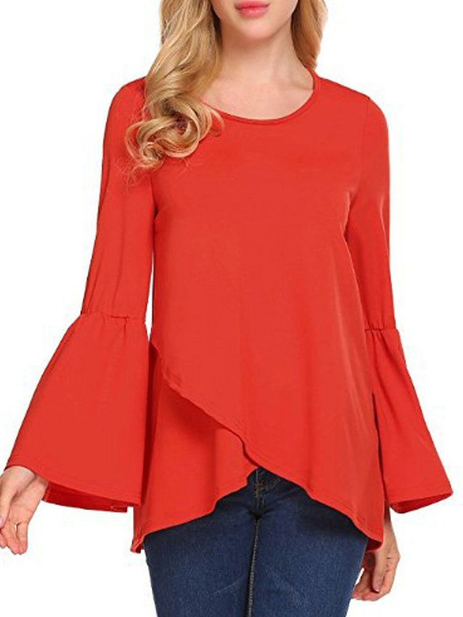 Autumn Spring Cotton Women Round Neck Asymmetric Hem Plain Long Sleeve T-Shirts