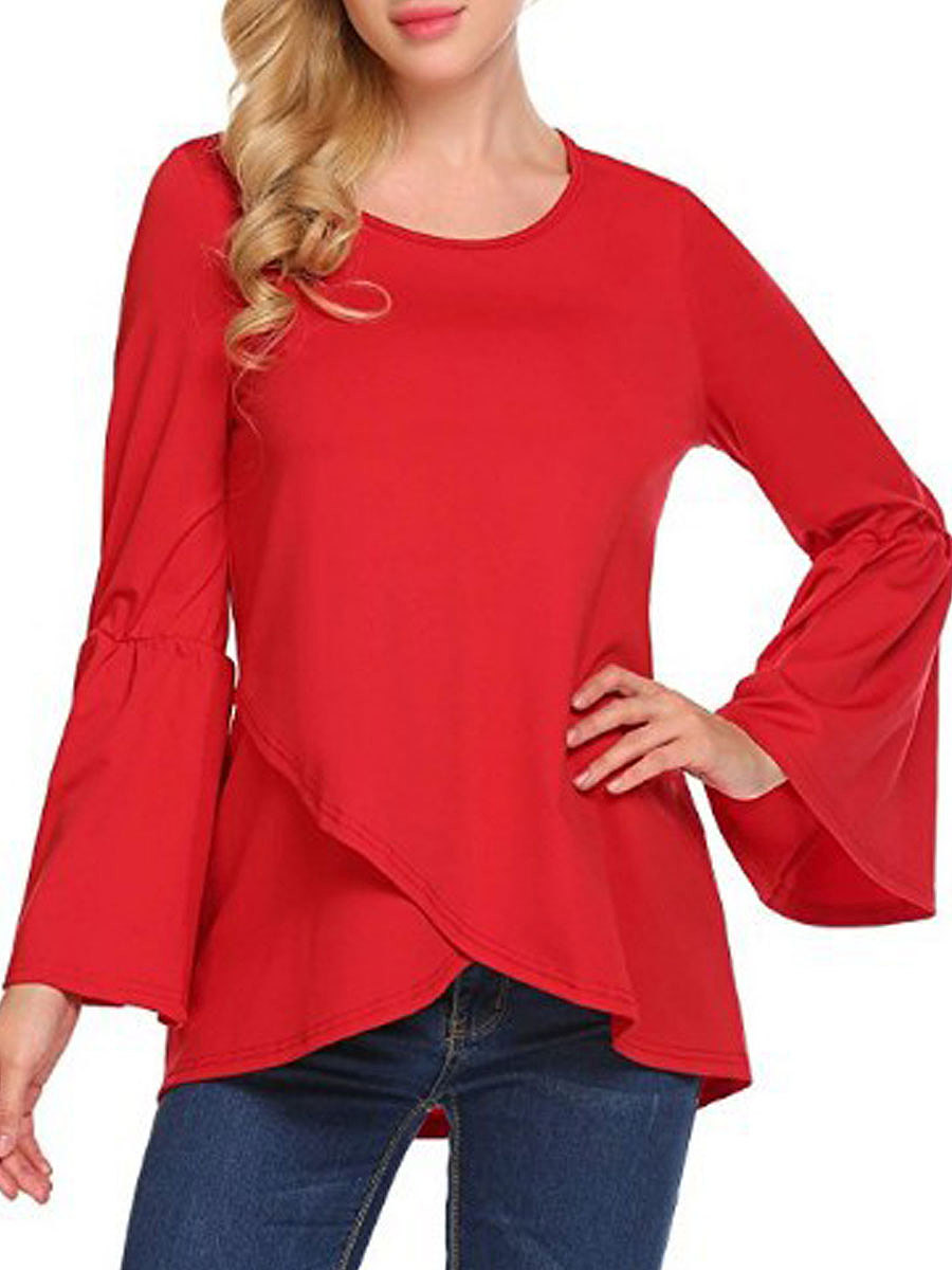 Autumn Spring Cotton Women Round Neck Asymmetric Hem Plain Long Sleeve T-Shirts