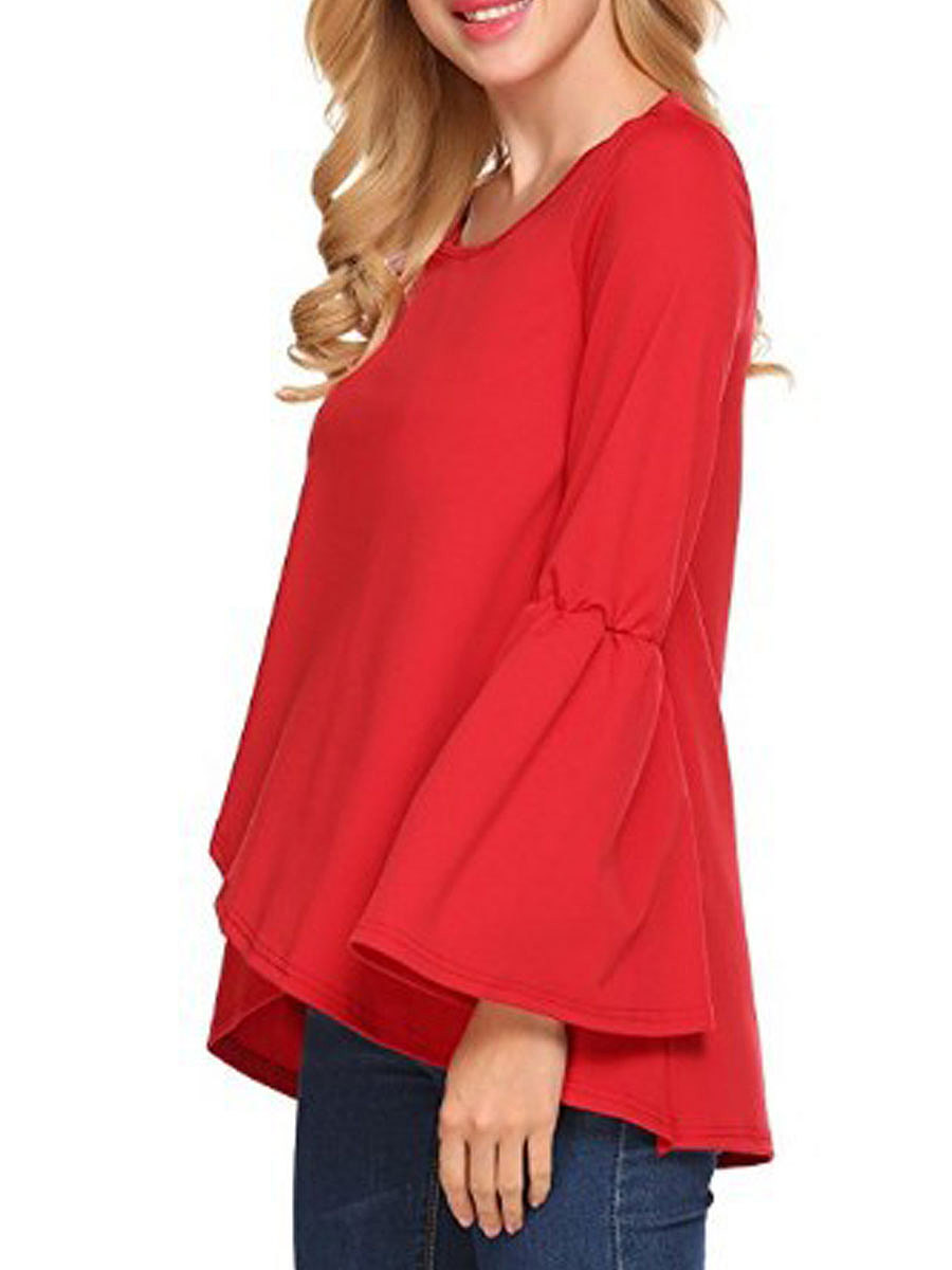 Autumn Spring Cotton Women Round Neck Asymmetric Hem Plain Long Sleeve T-Shirts