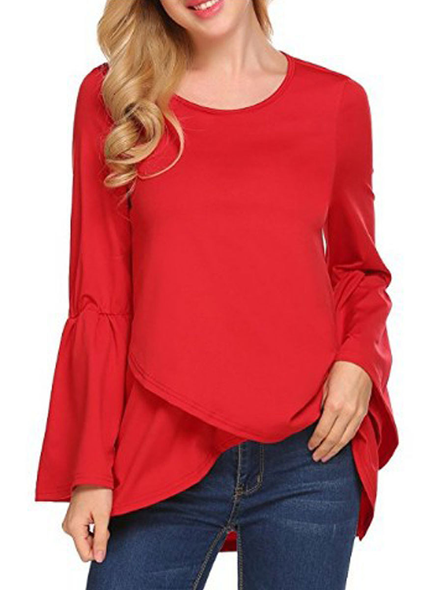 Autumn Spring Cotton Women Round Neck Asymmetric Hem Plain Long Sleeve T-Shirts