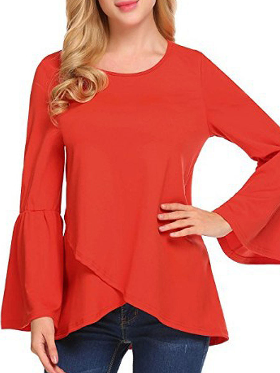 Autumn Spring Cotton Women Round Neck Asymmetric Hem Plain Long Sleeve T-Shirts