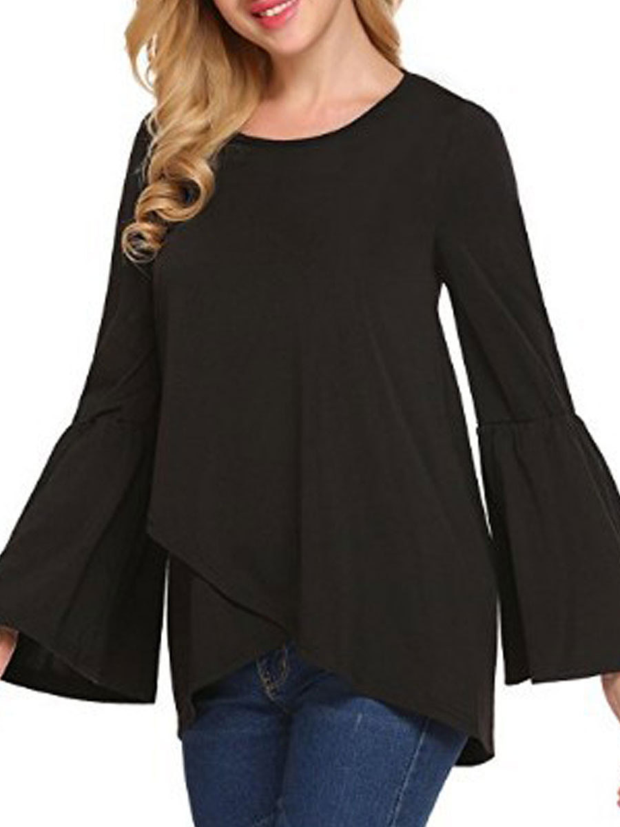 Autumn Spring Cotton Women Round Neck Asymmetric Hem Plain Long Sleeve T-Shirts