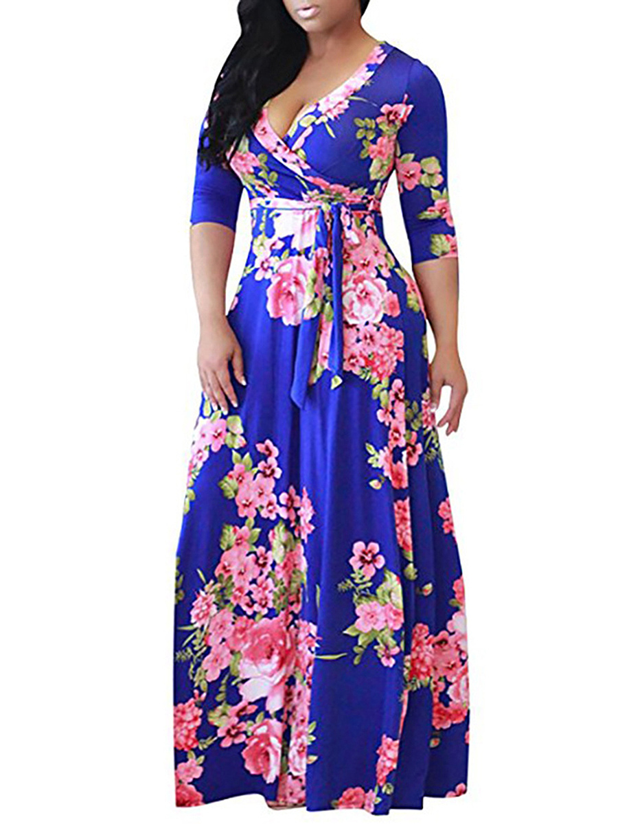 V-Neck Belt Floral Plus Size Midi & Maxi Dresses