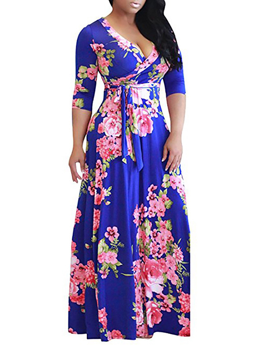 V-Neck Belt Floral Plus Size Midi & Maxi Dresses
