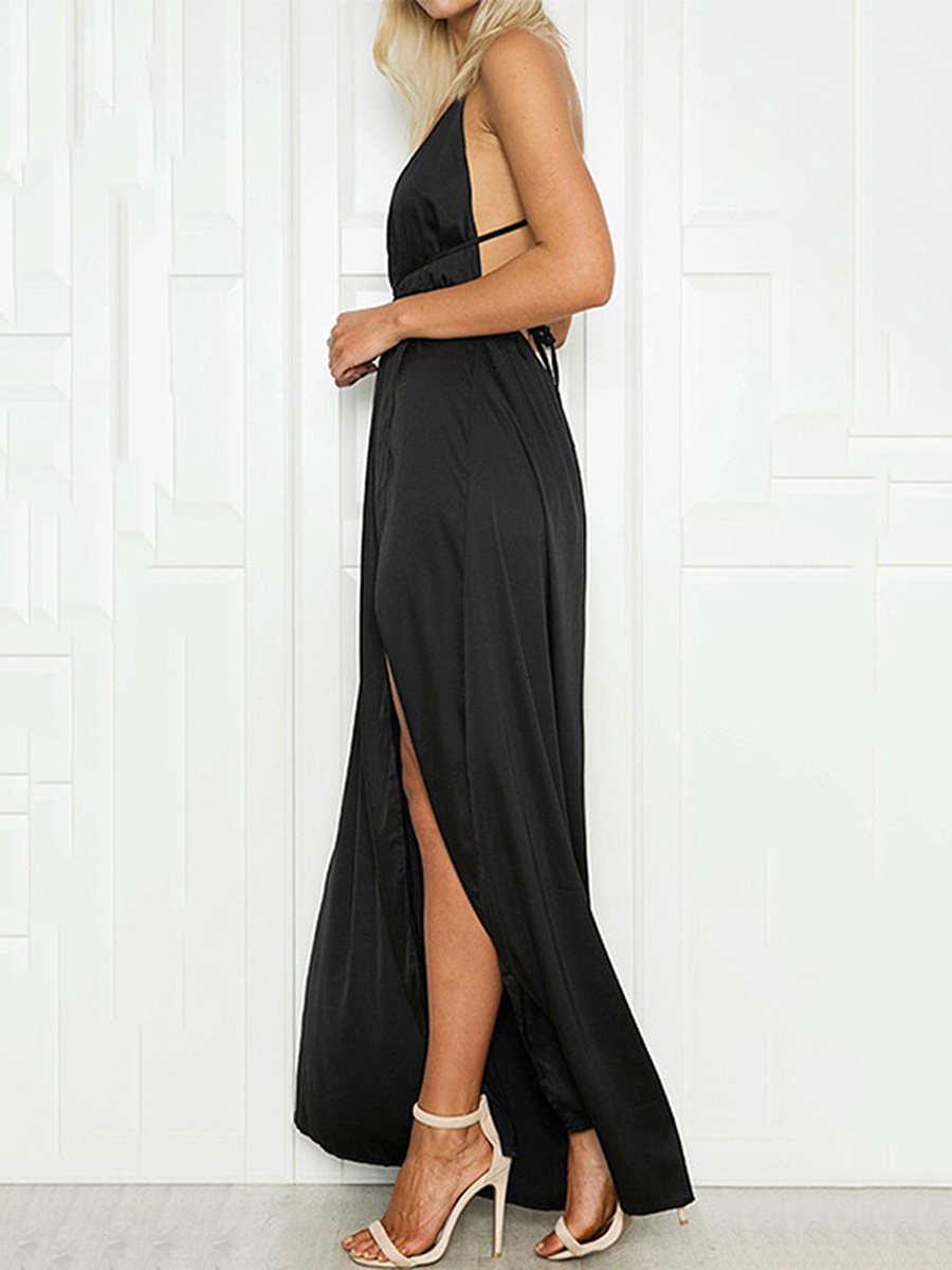 Spaghetti Strap Backless High Slit Plain Evening Dress