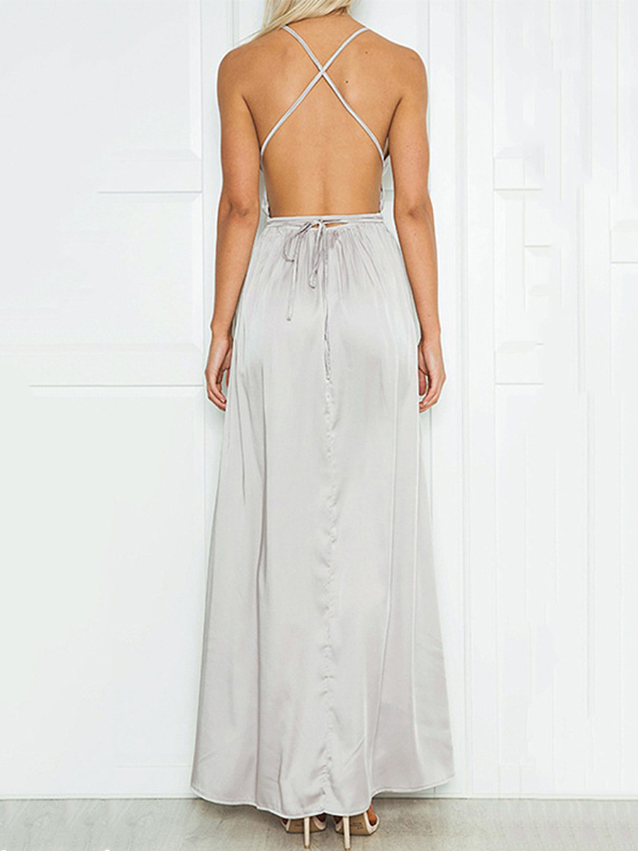 Spaghetti Strap Backless High Slit Plain Evening Dress