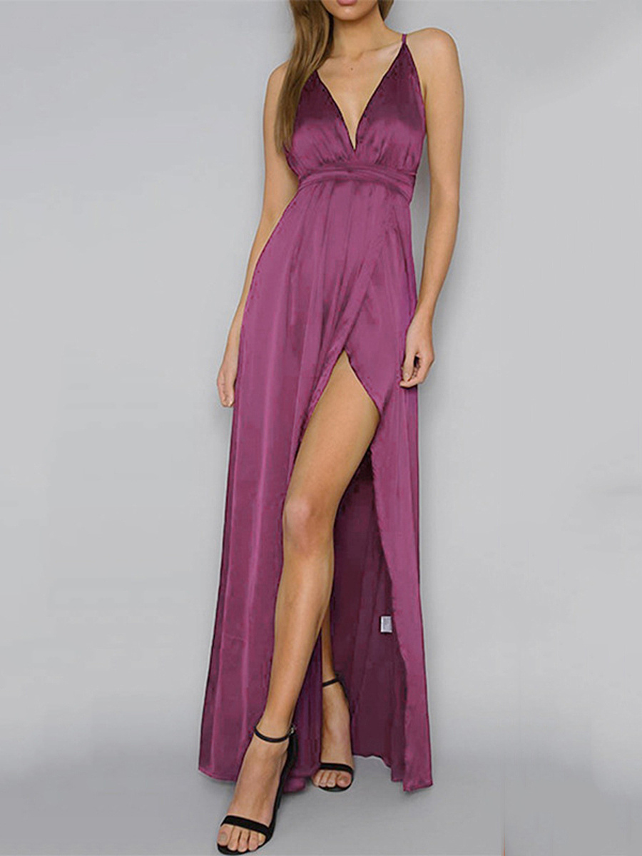 Spaghetti Strap Backless High Slit Plain Evening Dress