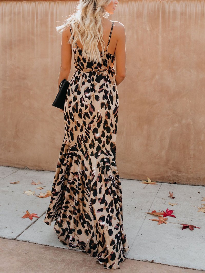 Sexy V Neck Leopard Print Sleeveless Maxi Dresses