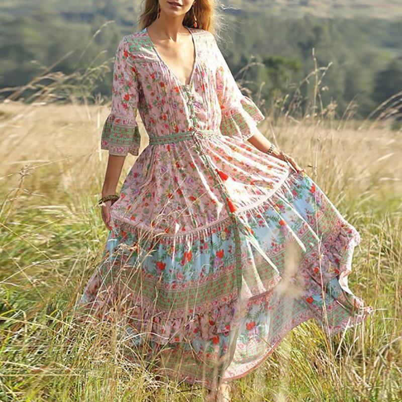 Bohemian Halflong Sleeve V Neck Printed Colour Maxi Dresses