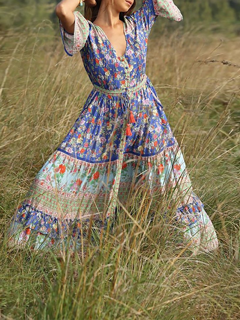 Bohemian Halflong Sleeve V Neck Printed Colour Maxi Dresses