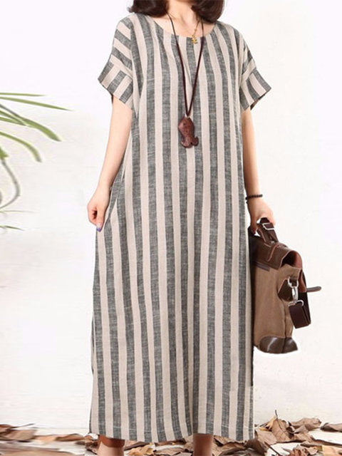 Plus Size Women Gray Shift Daytime Cotton Short Sleeve Striped Dress