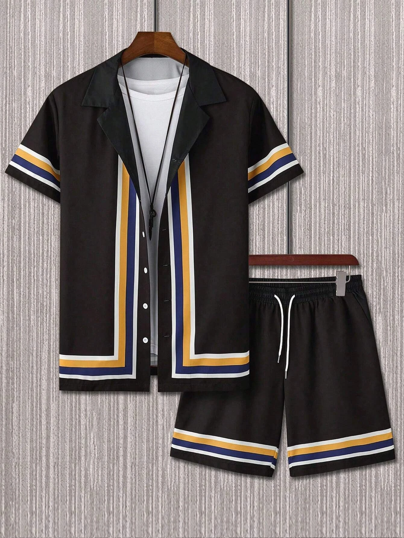 Men's Sets Hawaiian Lines Print Button Pocket Two-Piece Shirt Shorts Set