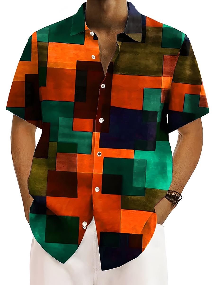 Colorblock Art Print Short Sleeve Hawaiian Shirt