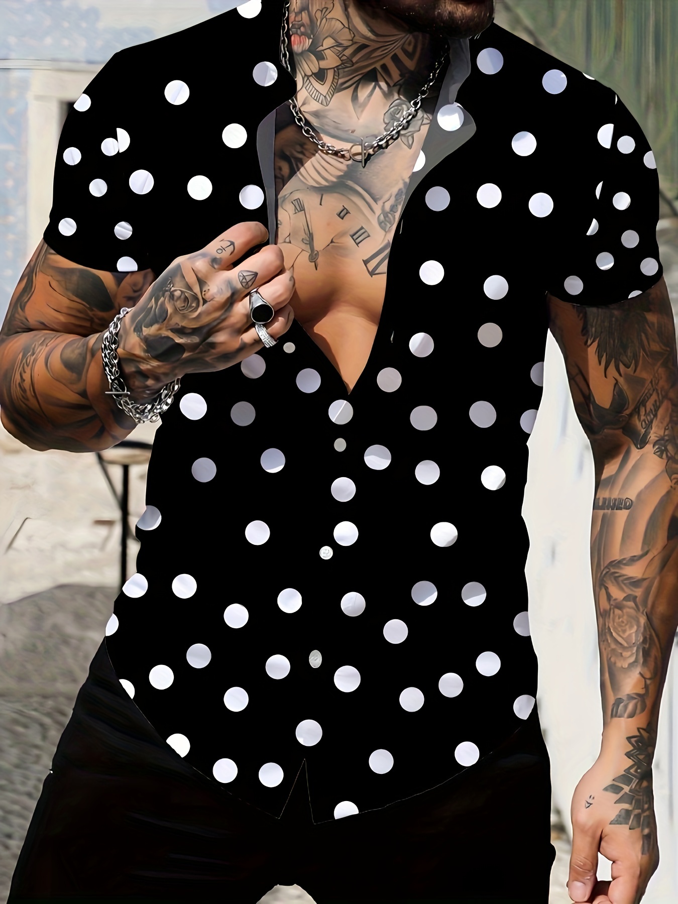 Men's Polk Dot 3D Print Fashion Short Sleeve V-neck Button Down Shirts
