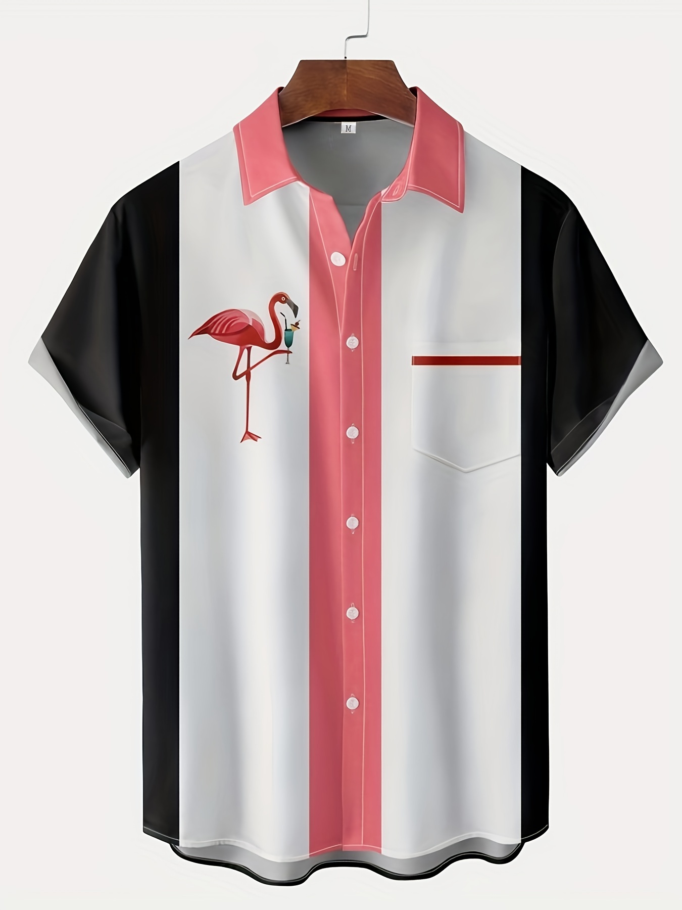 Men's Hawaiian Shirts Flamingo Drink Cocktail Chest Pocket  Bowling Style Aloha Shirts