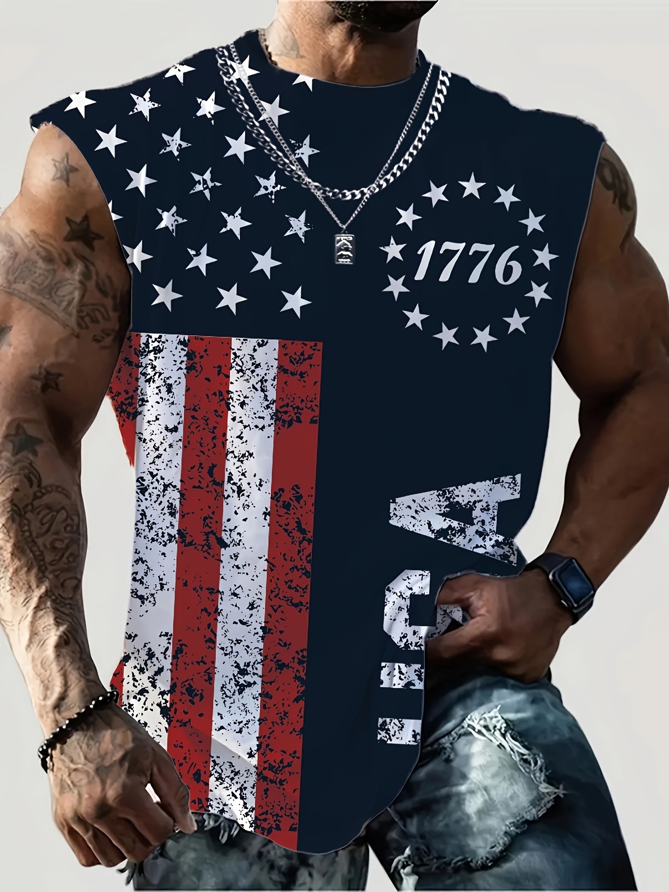 Men's T-shirt Casual Flag Print Cozy Sleeveless T-Shirt