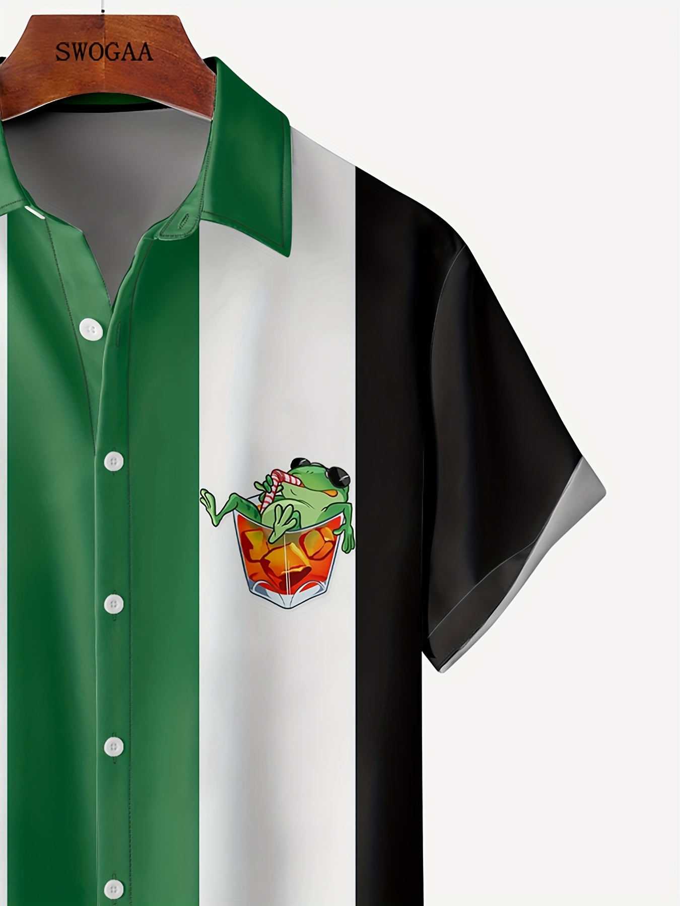 Men's Hawaiian Shirts Frog Drink Cocktail Chest Pocket  Bowling Style Aloha Shirts