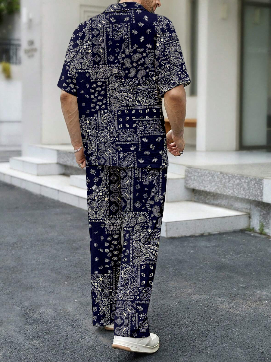 Men's Sets Art Paisley Print Button Down Wrinkle Free Seersucker Two-Piece Shirt Shorts