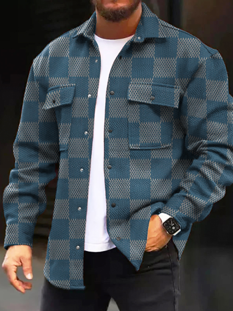 Men's Casual Jacket Retro Fashion Checkerboard Plaid Printed Long Sleeve Pocket Jacket