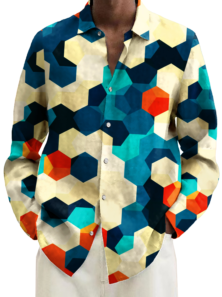 Men's Colorful Hexagon Pattern Print Long Sleeve Hawaiian Shirt