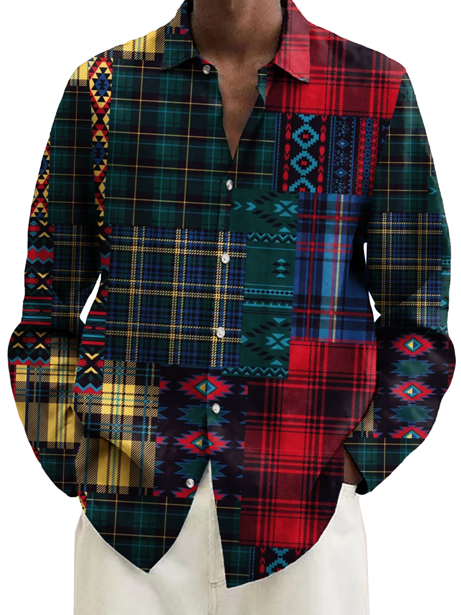 Men's Plaid Patchwork Print Long Sleeve Hawaiian Shirt