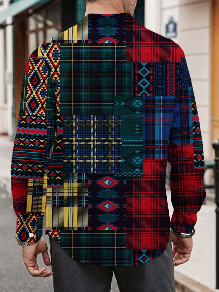 Men's Plaid Patchwork Print Long Sleeve Hawaiian Shirt