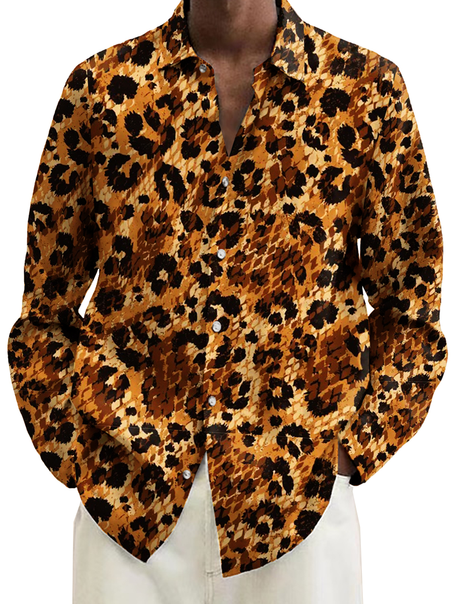 Men's Leopard Pattern Print Long Sleeve Hawaiian Shirt