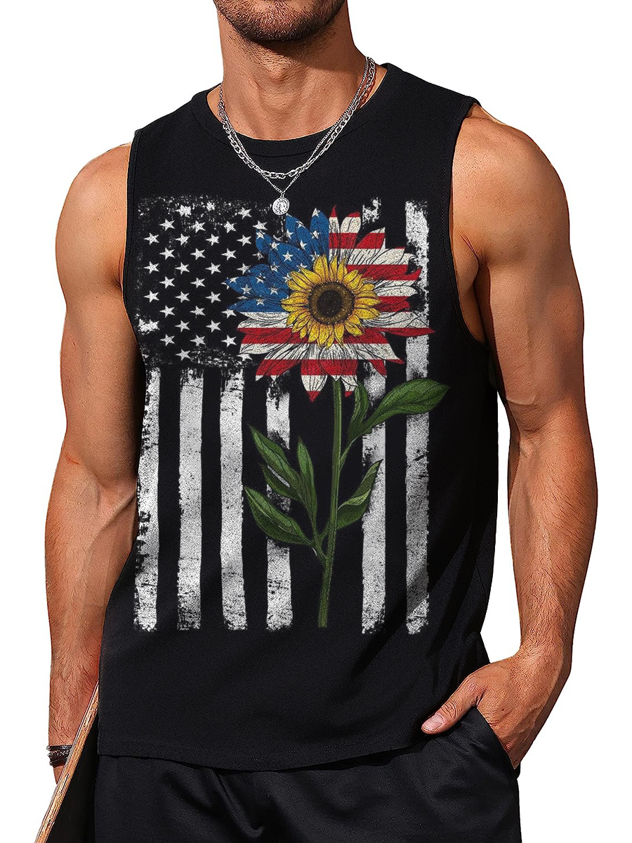 Men's Tank Top American Flag Sunflower Print Crew Neck Tank T-Shirt