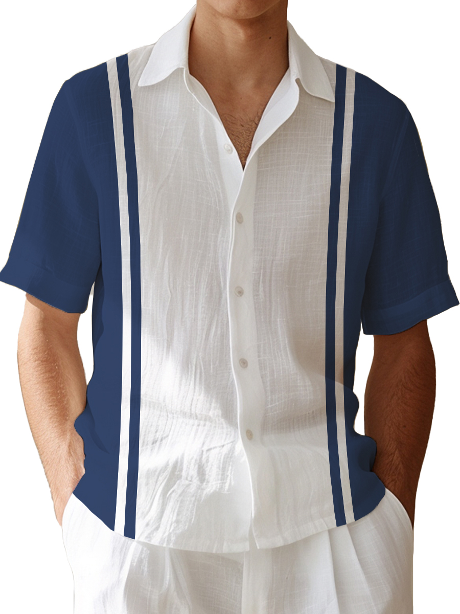 Men's Cotton-Linen Shirts Casual Natural Bowling Style Breathable Summer Lightweight Hawaiian Shirts