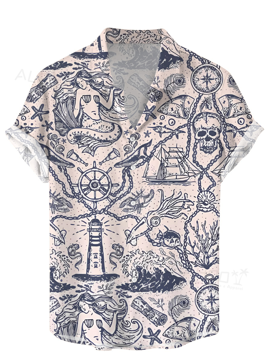 Men's Hawaiian Shirts Nautical Mermaid Print Short Sleeve Shirt