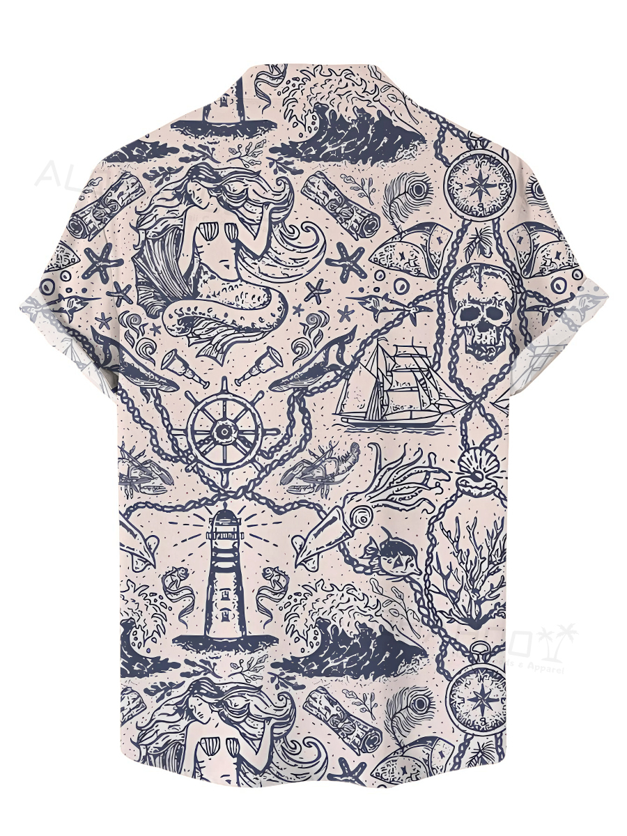 Men's Hawaiian Shirts Nautical Mermaid Print Short Sleeve Shirt