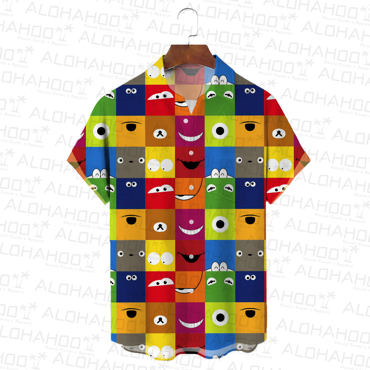 Men's Hawaiian Shirts Nostalgic Colorblock Cartoon Art Print Short Sleeve Shirt