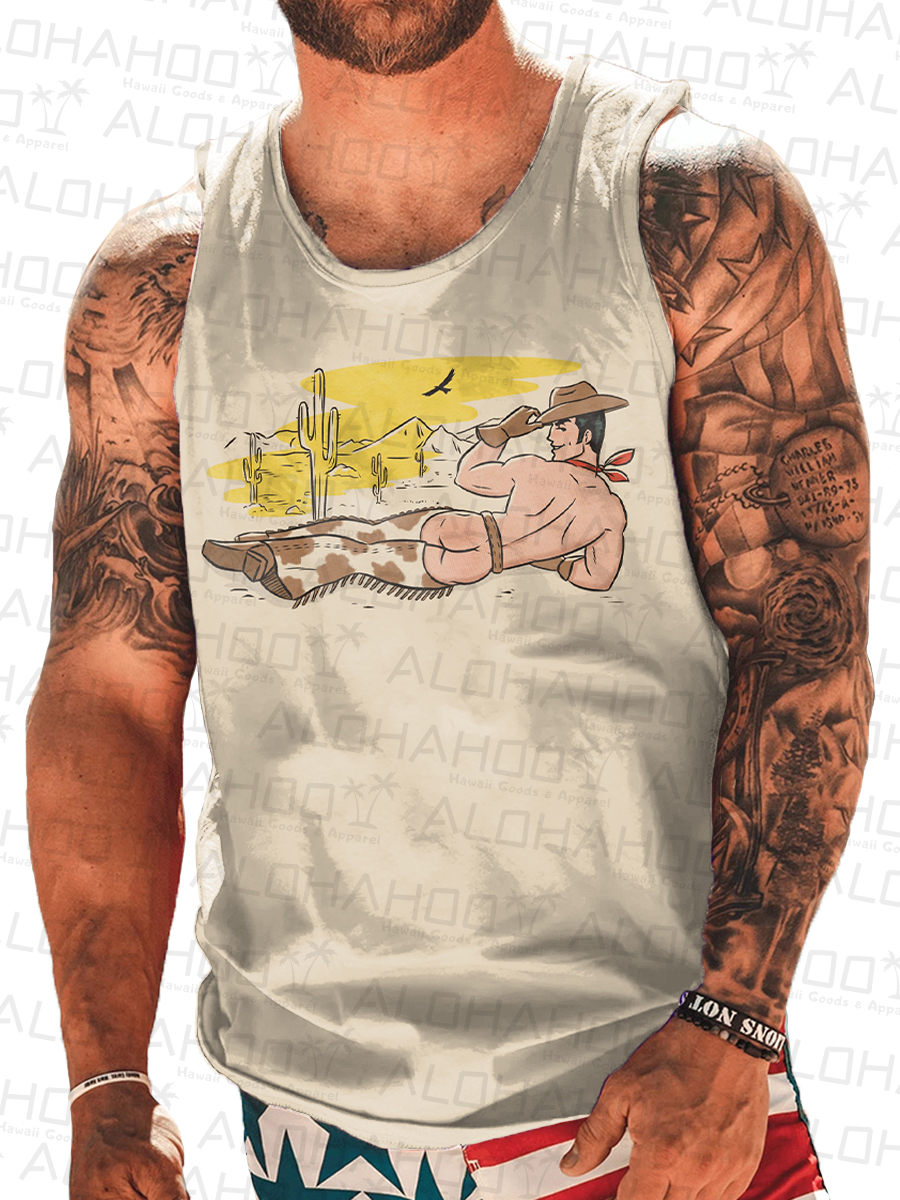 Men's Tank Top Sexy Cowboy Art Print Crew Neck Tank T-Shirt