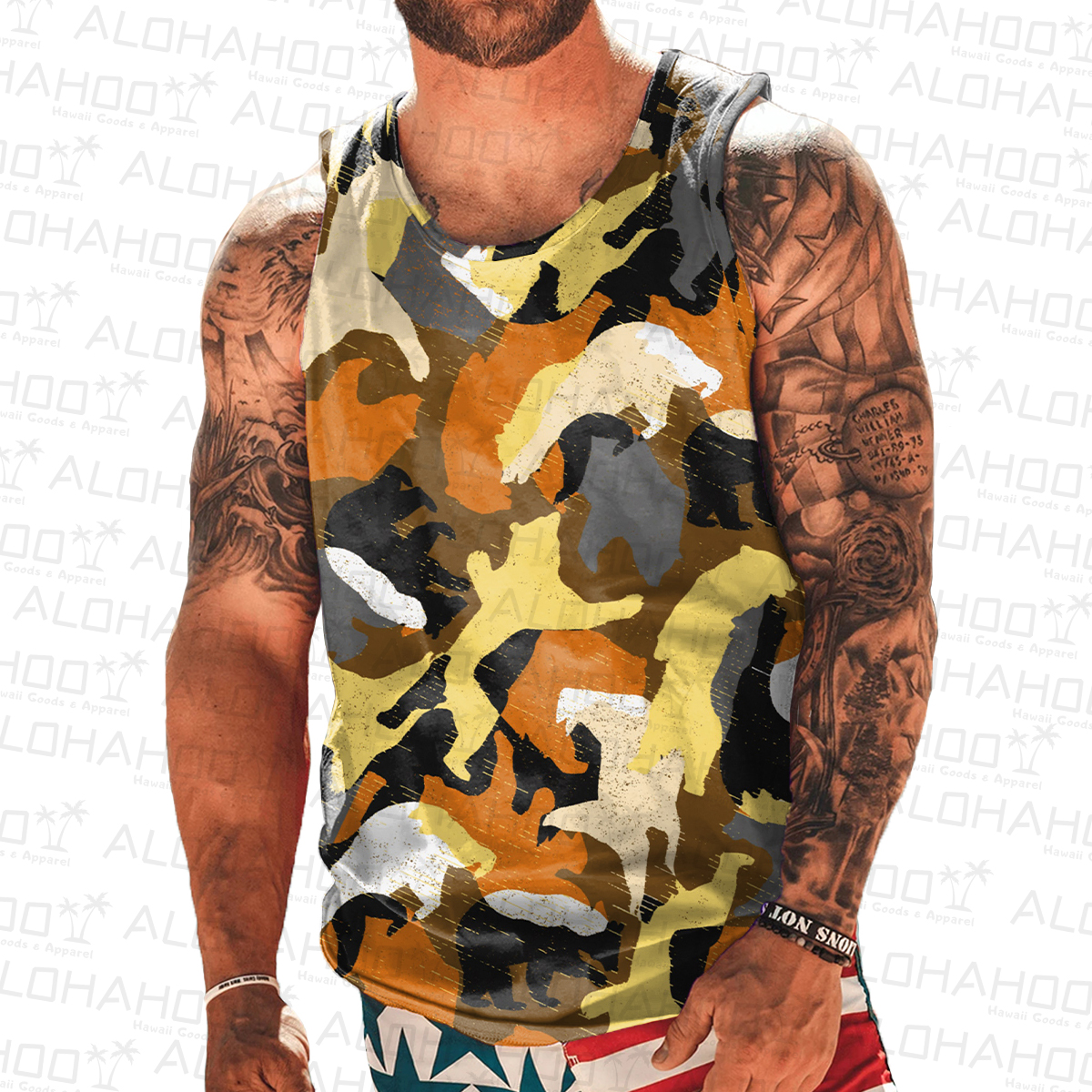 Men's Tank Top Bear Rainbow Camouflage Art Print Crew Neck Tank T-Shirt