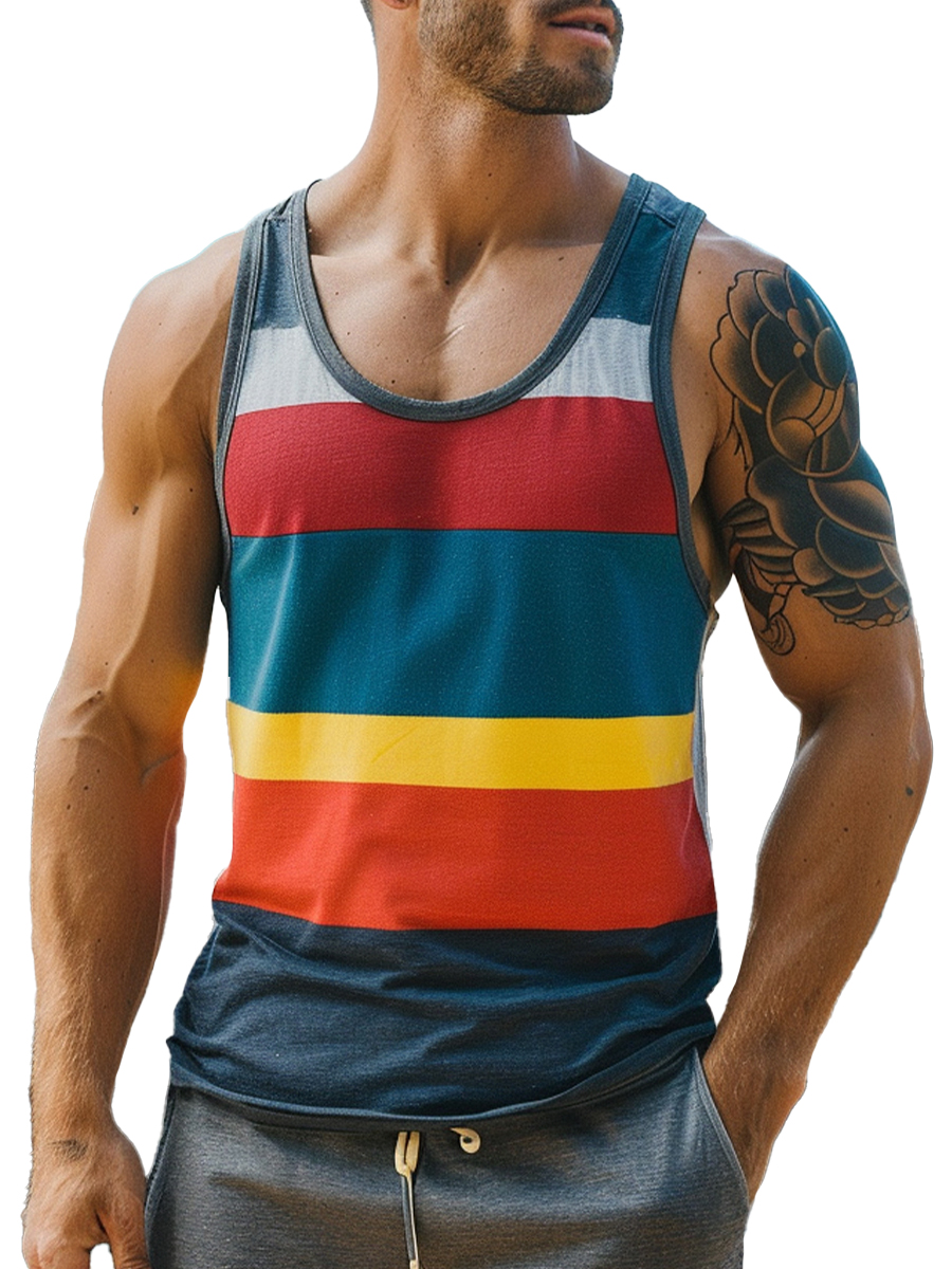 Men's Retro Tank Top Multicolor Stripes Crew Neck Gym Vacation T-shirt