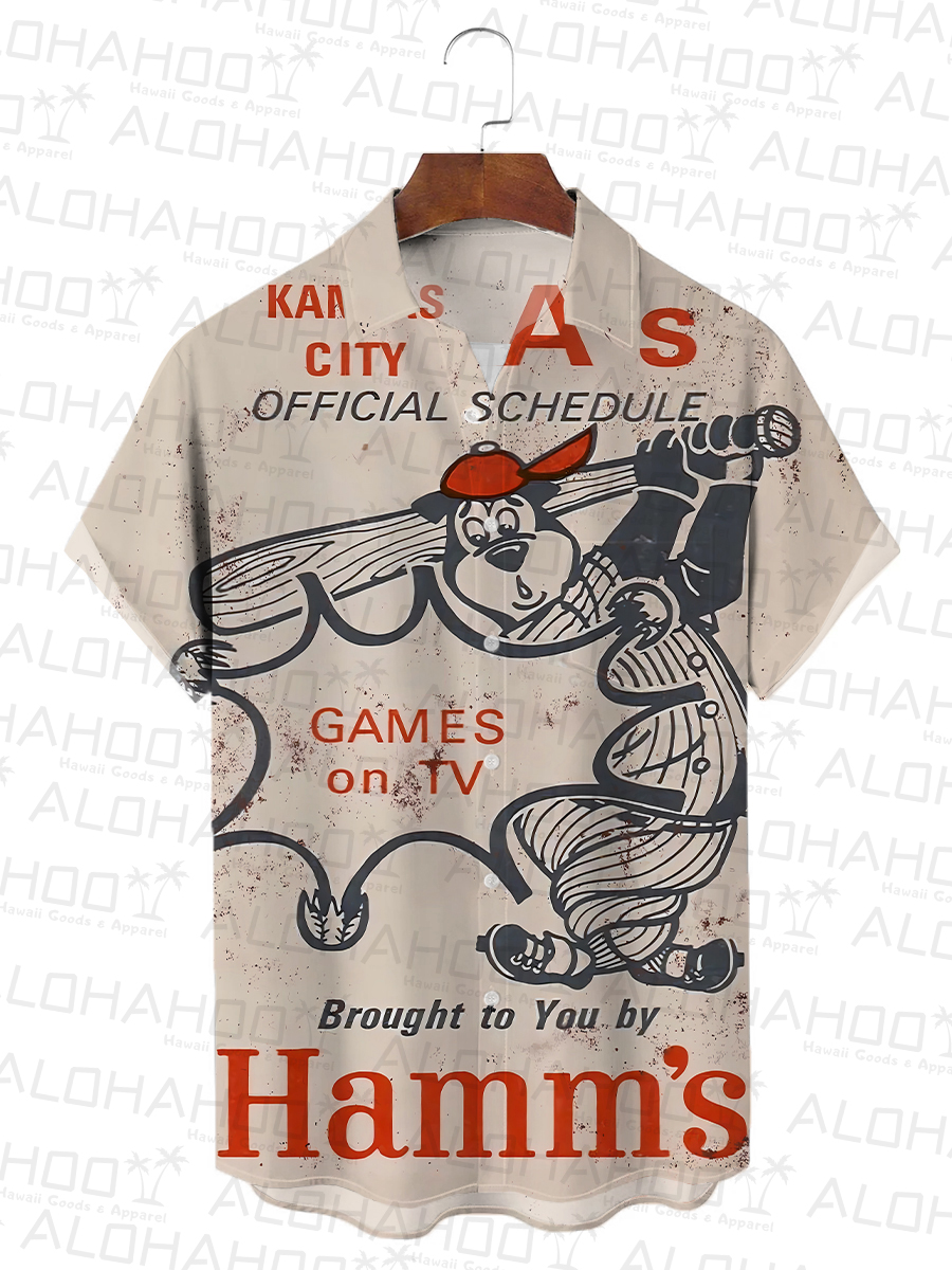 50's Retro Baseball Men's Hawaiian Shirts Fun Cartoon Bear Stretch Aloha Camp Pocket Shirts