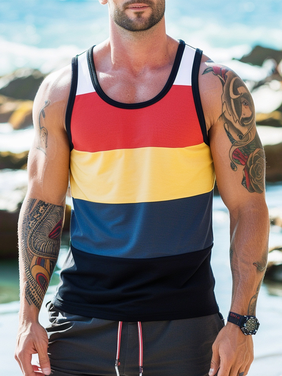 Men's Sleeveless T-shirt Muscle Tank Top Multicolor Stripes Shirt
