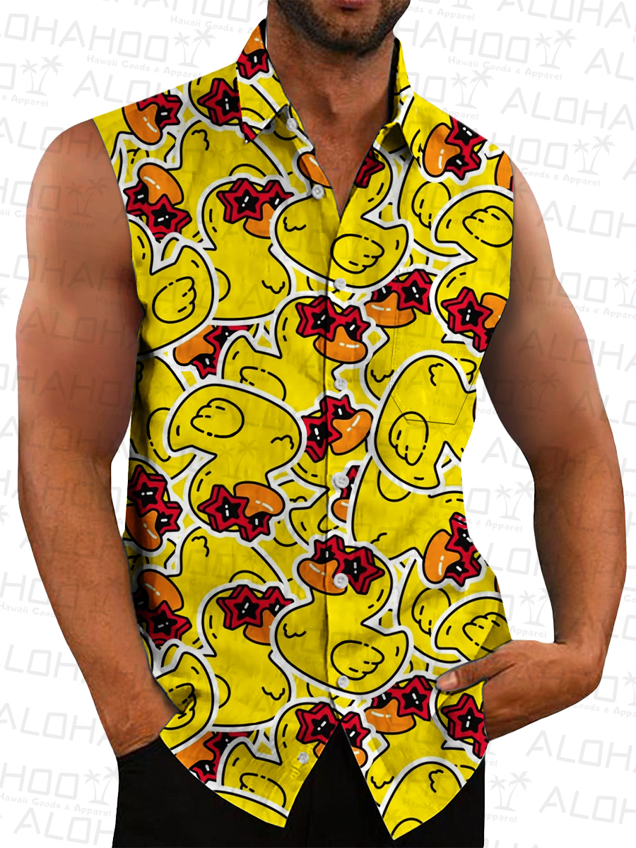 Men's Hawaiian Shirts Cartoon Duck Print Sleeveless Shirts