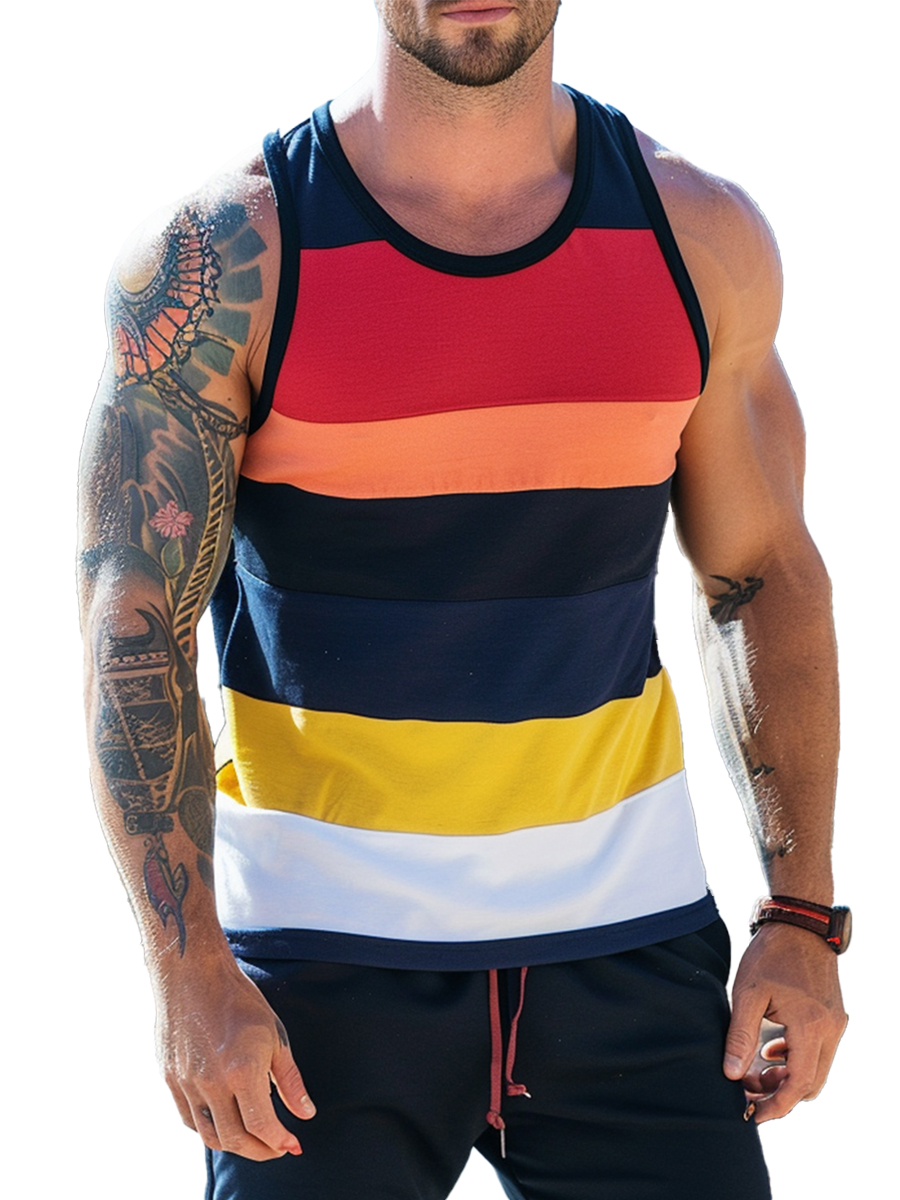 Men's Sleeveless Muscle Tank Top Multicolor Stripes Tank Top